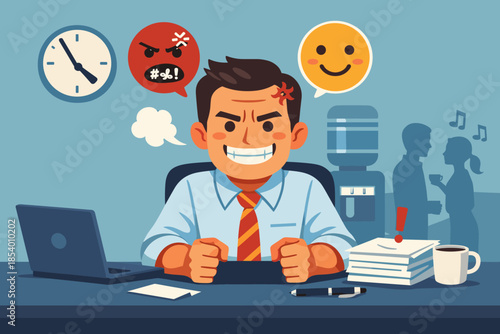 Frustrated office worker in animated style with anger and joy emotions