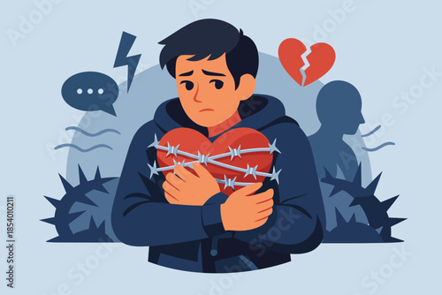 Sad young man holding heart wrapped in barbed wire amidst relationship conflict