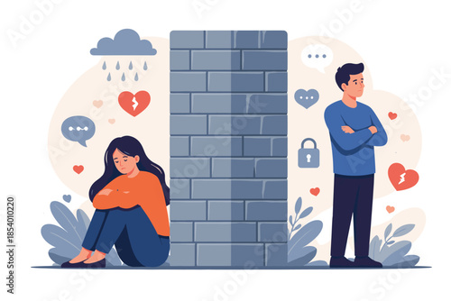 Couple in disagreement separated by a wall in flat style