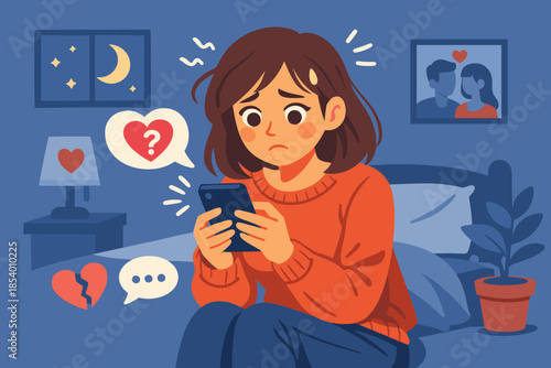 Worried woman with smartphone in bedroom examines message at night