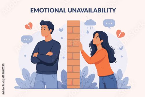 Emotional unavailability: couple separated by wall in flat design illustration