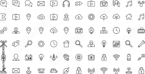Communication and smart technology line icon set featuring media controls, cloud services, navigation, security, devices and digital interface symbols