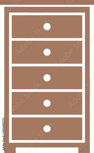 Brown wooden five-drawer chest of drawers icon illustration on a white background