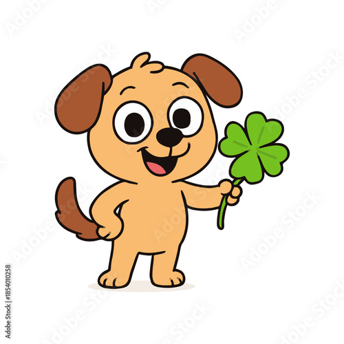 Happy cartoon dog holding a four-leaf clover, symbolizing good luck and fortune