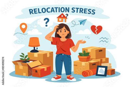 Relocation stress: overwhelmed woman amid moving boxes and uncertainty