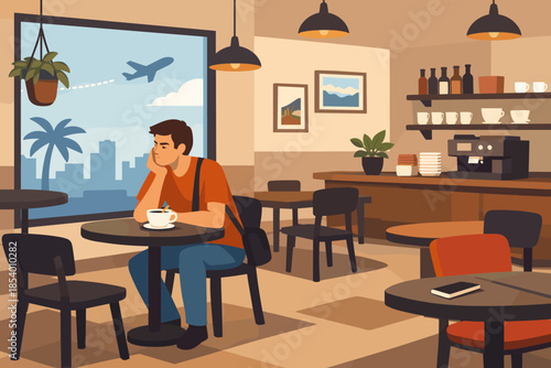 Contemplative man in cozy coffee shop with airplane view and cityscape