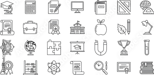 Education and learning line icon set featuring school supplies, academic symbols, science tools, graduation elements, knowledge development and study resources