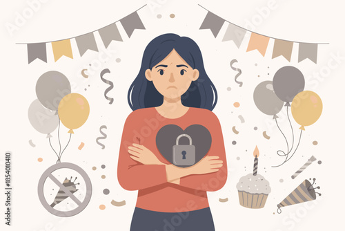 Sad birthday celebration with locked heart and balloons