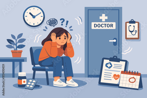 Stressed woman in doctor waiting room: flat design of healthcare anxiety