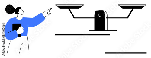 Justice, decision-making, ethical standards, legal systems, equality, judgment. Illustration of a woman holding a book and pointing to a balance scale. Justice and decision-making concepts