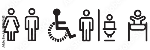 Male and female toilet signs and gender symbols in solid black for restroom identification and public signage