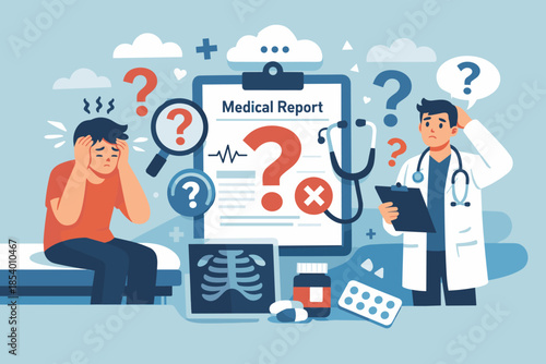 Confused patient and doctor analyzing medical report with question marks and medical symbols