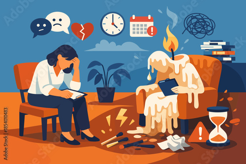 Understanding workplace burnout: melting figure and stressed worker in office setting