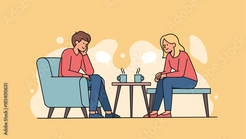 Casual conversation in cozy setting with two people seated inside