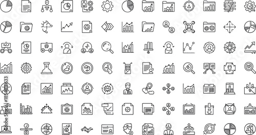 Business analytics and finance line icon set featuring data visualization, charts, reports, statistics, performance metrics and strategic analysis symbols