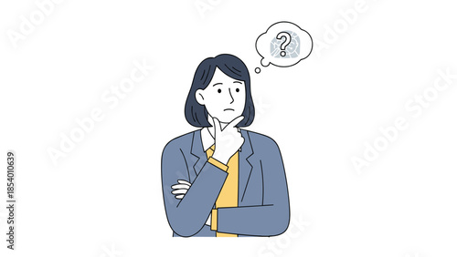 Pensive woman in business attire with a question mark thought bubble