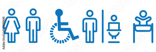 Male and female toilet signs and gender symbols in solid black for restroom identification and public signage