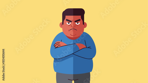 Cartoon angry man with crossed arms on yellow background