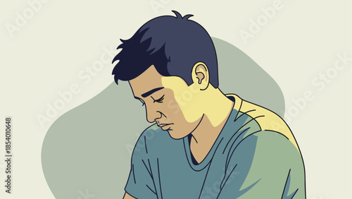 Thoughtful young man sitting in calm contemplation in a minimal style