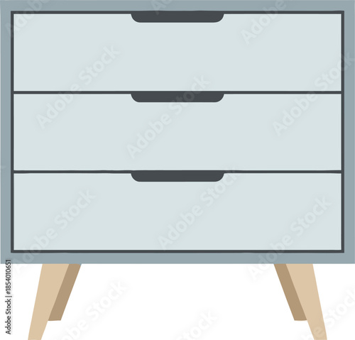 Modern minimalist three-drawer chest with wooden tapered legs on white background