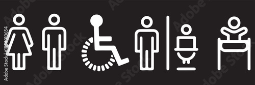 Male and female toilet signs and gender symbols in solid black for restroom identification and public signage