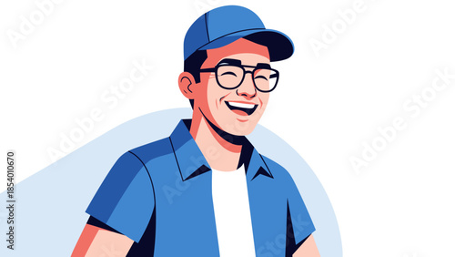Happy young man in cap and glasses smiling in modern flat art style