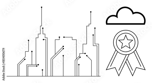 Smart cities, cloud computing, digital innovation, technology advancement, urban design, modern solutions. City skyline with circuit connections, cloud and badge. Smart cities and cloud computing