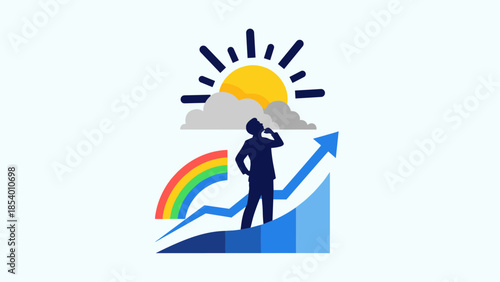 Business growth concept with rising arrow, silhouette of thinking man, and sunny sky