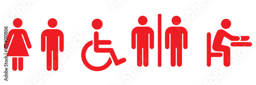 Collection of public restroom and bathroom signs for gender neutrality and accessibility featuring icons for men women accessible restroom shower and toilet facilities 