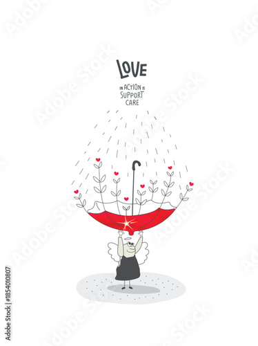 Vector cartoon sketch of Angel who turned the umbrella upside down in the rain, and flowers grew there. The concept of acceptance and forgiveness..Concept of assistance, care, philanthropy and support