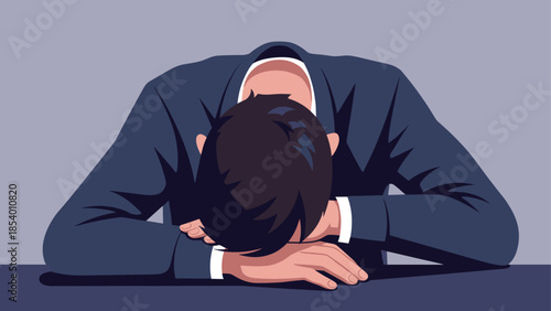 Exhausted businessman resting on desk in modern flat art style