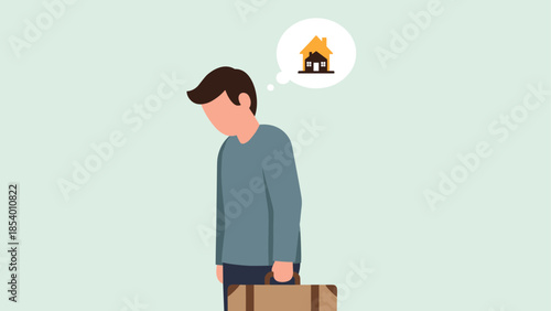 Man thinking of home while traveling with suitcase