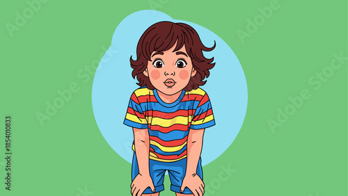 Playful child with curly hair and striped shirt on green background