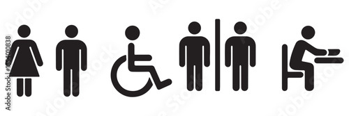 Collection of public restroom and bathroom signs for gender neutrality and accessibility featuring icons for men women accessible restroom shower and toilet facilities 