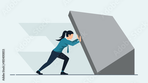 Determined woman pushing heavy block in flat minimalist design