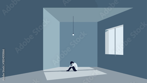 Minimalist room with solitary figure in monochrome colors conveying emotional isolation