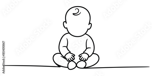 Cute and simple line art illustration of a baby sitting calmly on a plain surface