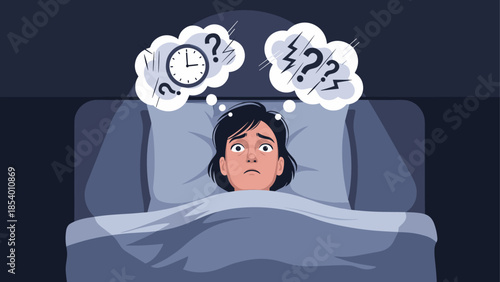 Anxious sleepless woman in bed with worrying thoughts at night