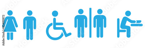 Collection of public restroom and bathroom signs for gender neutrality and accessibility featuring icons for men women accessible restroom shower and toilet facilities 