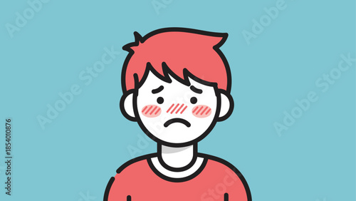 Sad boy with blushing cheeks in cartoon style on blue background