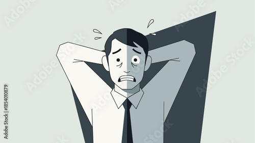 Monochrome cartoon style stressed businessman holding head in anxiety