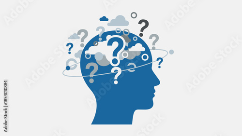 Conceptual mind with question marks and clouds in silhouette style