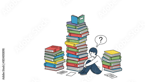 Colorful books stacked high with puzzled person wondering among tall piles