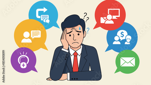 Confused businessman surrounded by colorful speech bubbles representing workplace challenges
