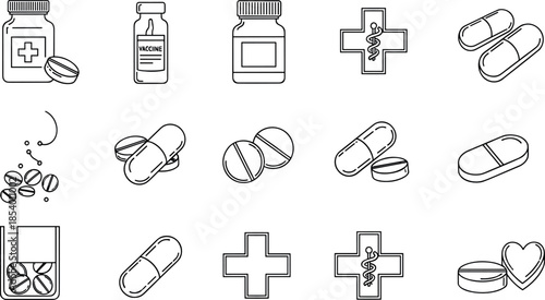 Medicine and pill line icon set featuring capsules, tablets, bottles, pharmacy symbols, healthcare treatment, dosage and medical care icons