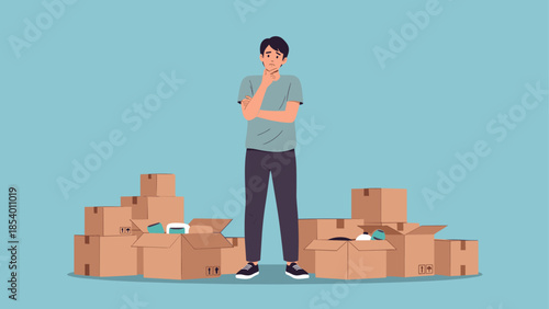 Thoughtful person contemplating move with cardboard boxes in minimalist style