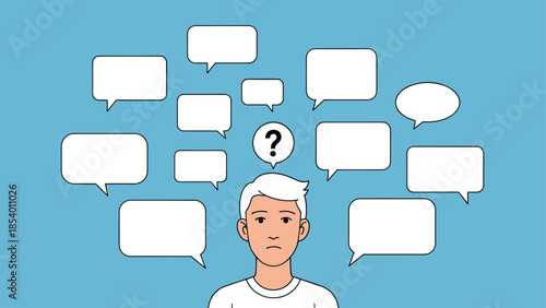 Confused person surrounded by blank speech bubbles