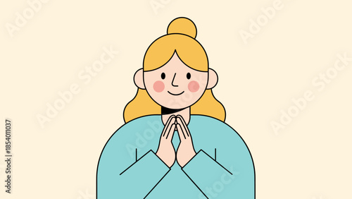 Charming character with blonde hair smiling and holding hands