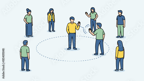 Social distancing in the workplace: people standing apart in an office scenario