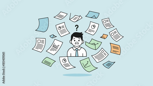 Confused office worker surrounded by floating documents in cartoon style